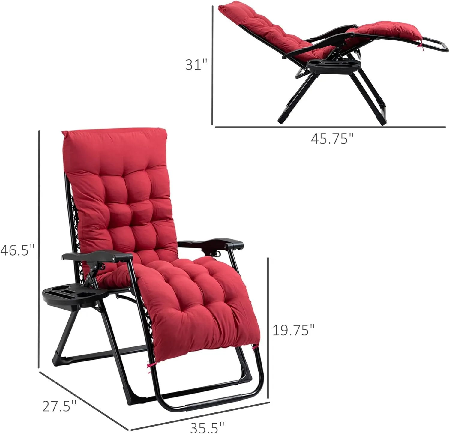 Beach-Camping Lounge-Chair Chaise-Outdoor Folding-Reclining - Recliner Adjustable Backrest with Cushion Side Tray Patio Poolside for Lawn Garden Porch Backyard (Red)