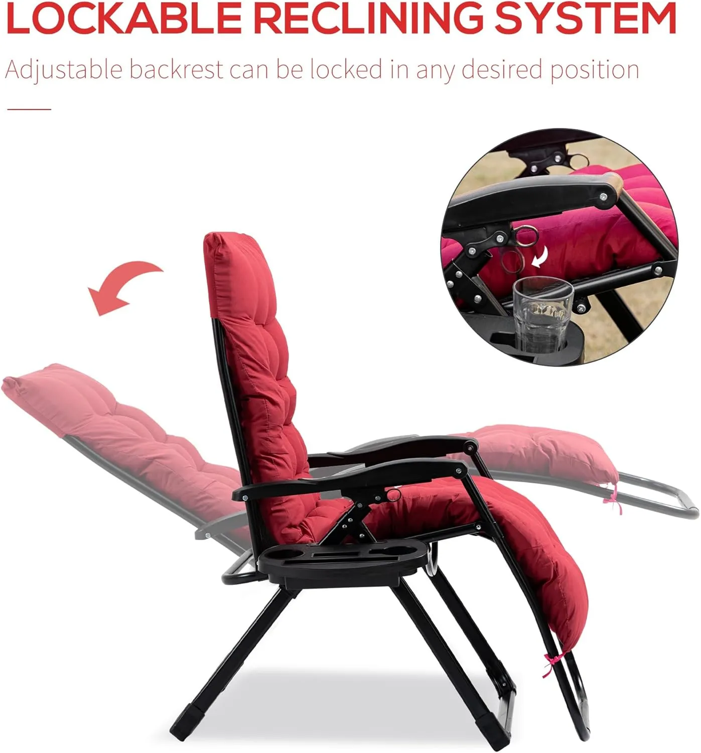 Beach-Camping Lounge-Chair Chaise-Outdoor Folding-Reclining - Recliner Adjustable Backrest with Cushion Side Tray Patio Poolside for Lawn Garden Porch Backyard (Red)