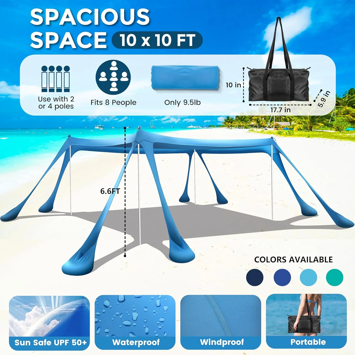 Beach Canopy Beach Tent Pop Up Shade 10x10ft Sun Shelter UPF50  with 8 Sandbags-2 Sand Shovel-4 Aluminum Poles-Ground Pegs-Portable Carrying Bag for Outdoor Family Camping Fishing Yard Picnic