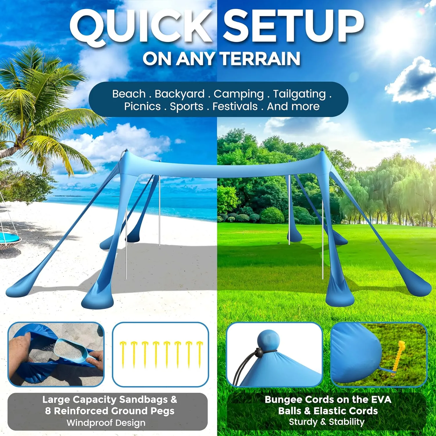 Beach Canopy Beach Tent Pop Up Shade 10x10ft Sun Shelter UPF50  with 8 Sandbags-2 Sand Shovel-4 Aluminum Poles-Ground Pegs-Portable Carrying Bag for Outdoor Family Camping Fishing Yard Picnic