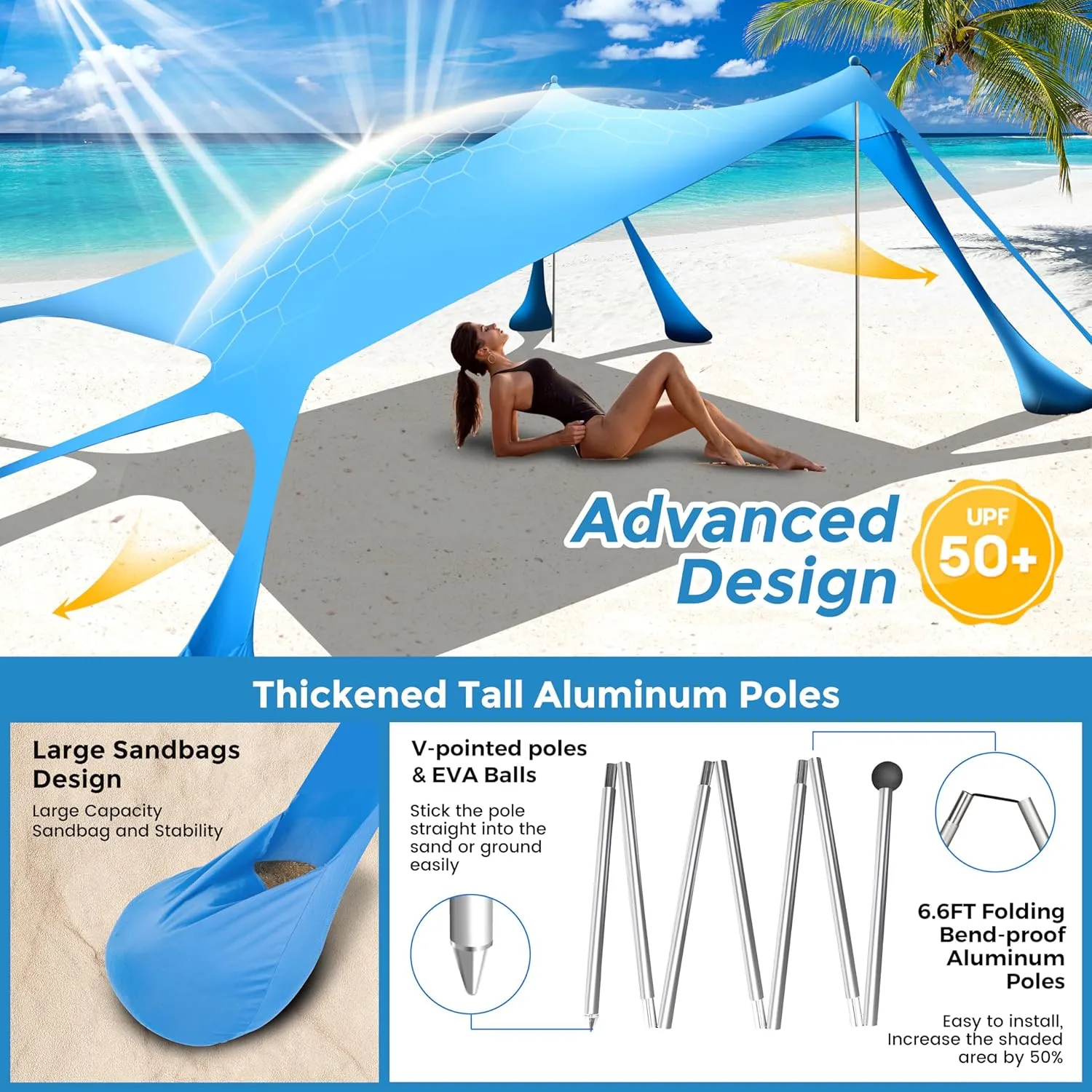 Beach Canopy Beach Tent Pop Up Shade 10x10ft Sun Shelter UPF50  with 8 Sandbags-2 Sand Shovel-4 Aluminum Poles-Ground Pegs-Portable Carrying Bag for Outdoor Family Camping Fishing Yard Picnic
