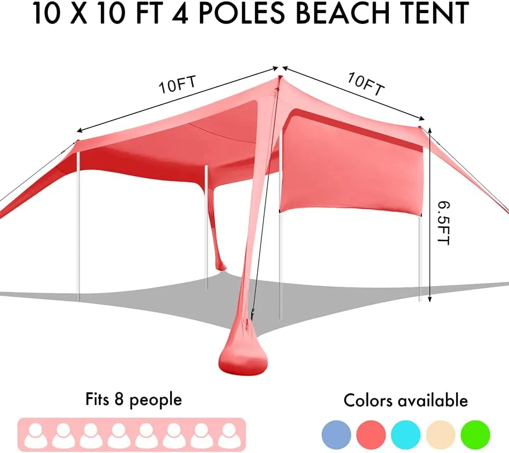 Beach Canopy Tent Shade with Sidewalls 10x10FT, 6.6FT Tall, UPF50  Sun Shelter, Windproof & Water Resistant, Includes Guylines Sand Shovel Stability Poles, Easy Up for Beach Outdoor Camping Backyard