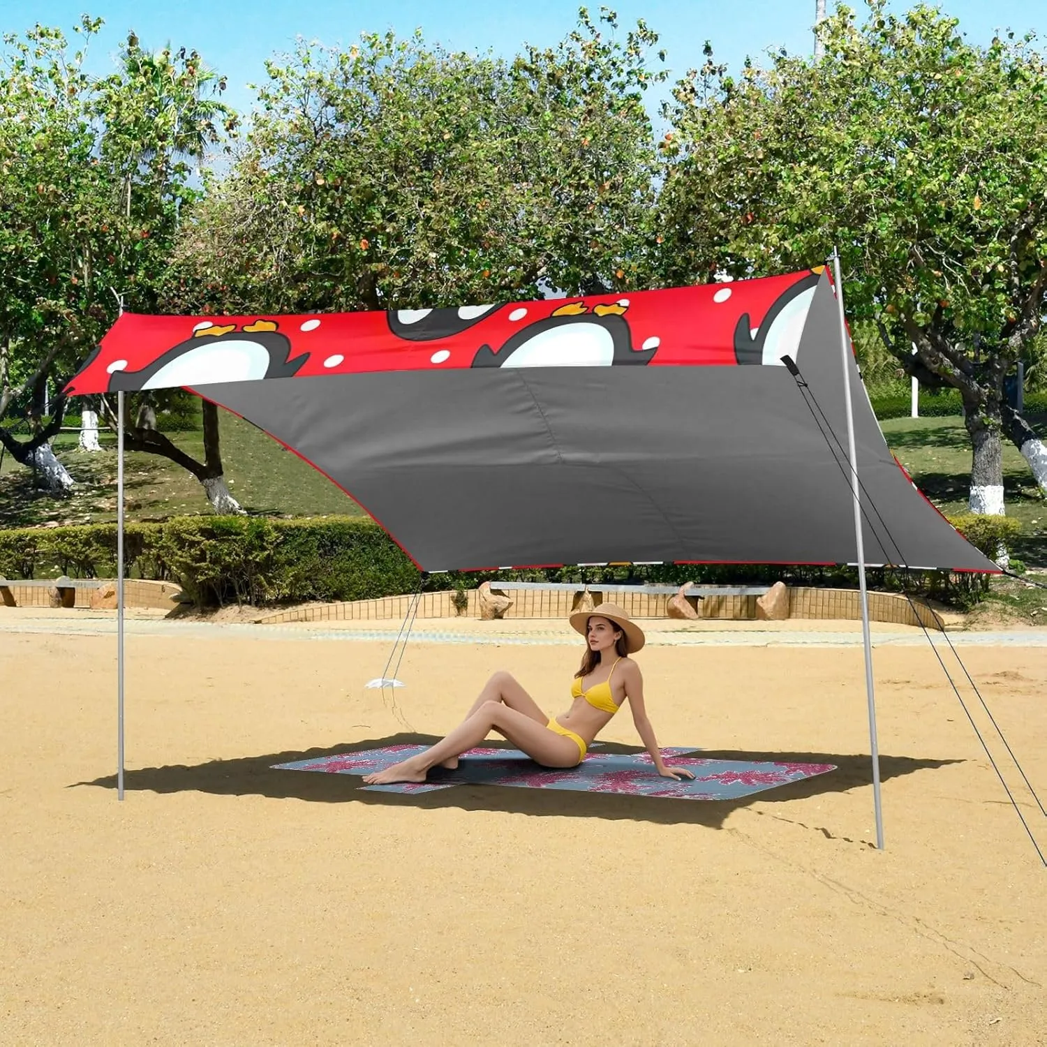 Beach Canopy Tent Sun Shade Outdoor Patio 9.2 × 10.5 FT Cute Penguins Red White Sand Camping Sun Shelter for Adults Sunshade with Anchor Poles Easy up