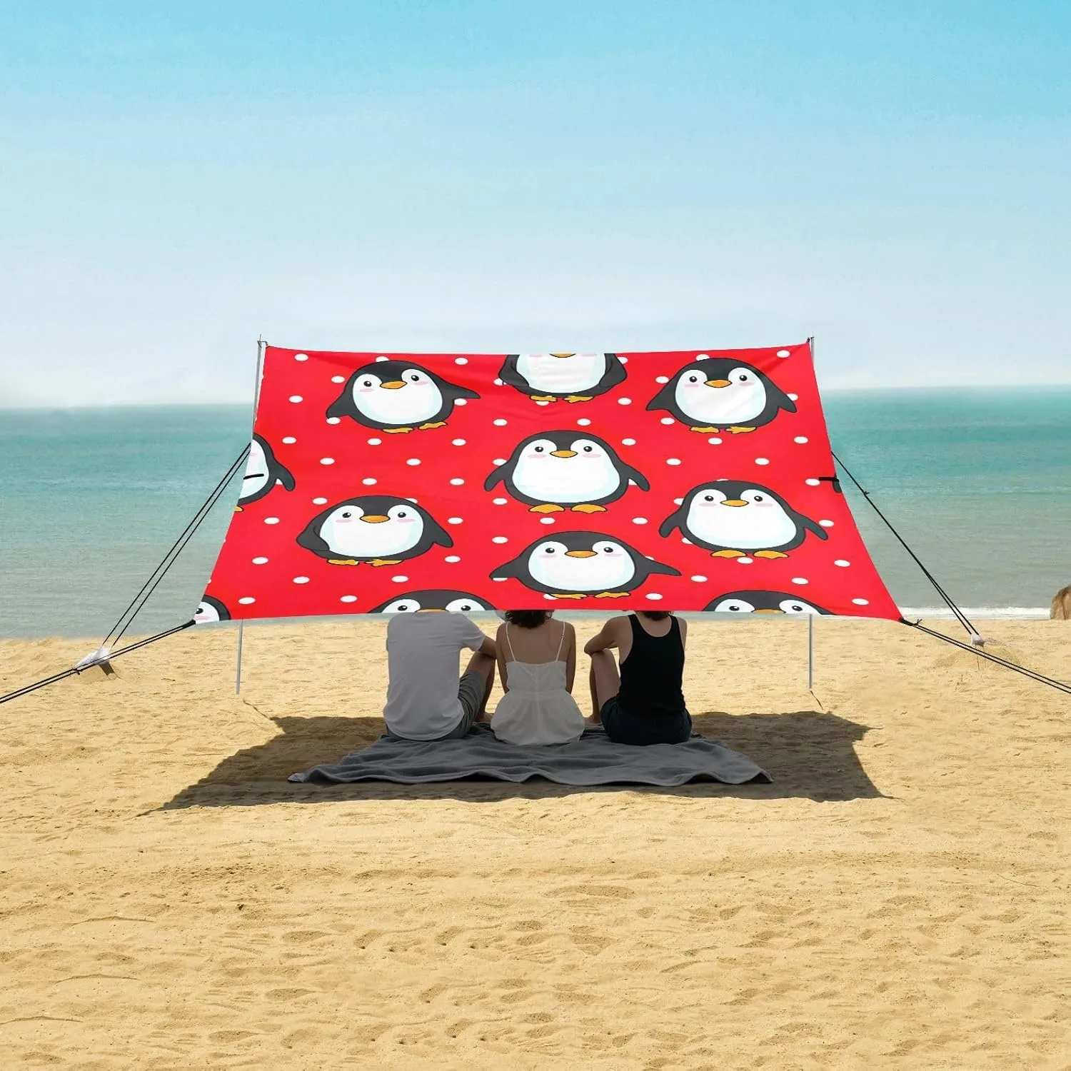 Beach Canopy Tent Sun Shade Outdoor Patio 9.2 × 10.5 FT Cute Penguins Red White Sand Camping Sun Shelter for Adults Sunshade with Anchor Poles Easy up