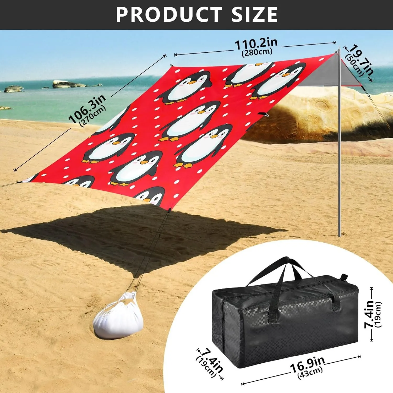 Beach Canopy Tent Sun Shade Outdoor Patio 9.2 × 10.5 FT Cute Penguins Red White Sand Camping Sun Shelter for Adults Sunshade with Anchor Poles Easy up