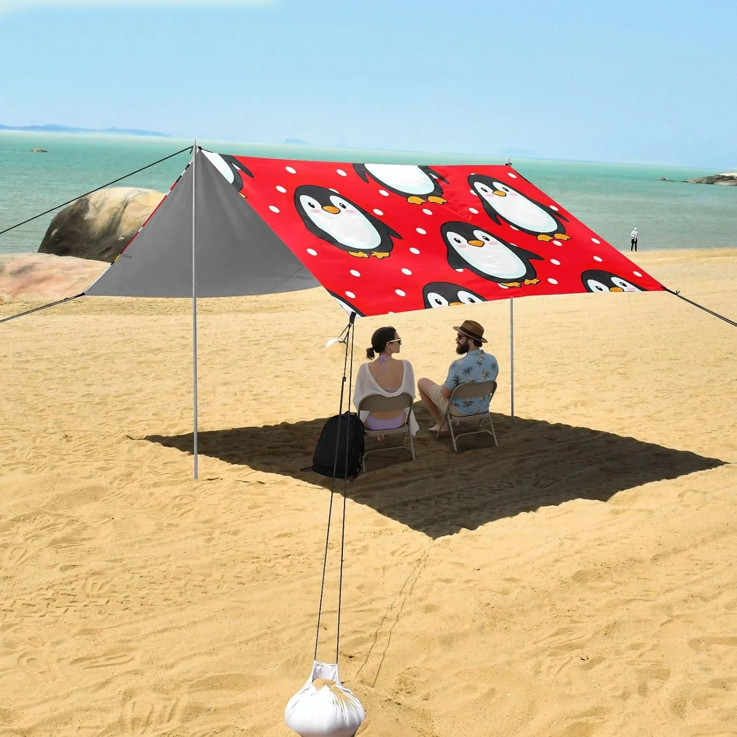Beach Canopy Tent Sun Shade Outdoor Patio 9.2 × 10.5 FT Cute Penguins Red White Sand Camping Sun Shelter for Adults Sunshade with Anchor Poles Easy up