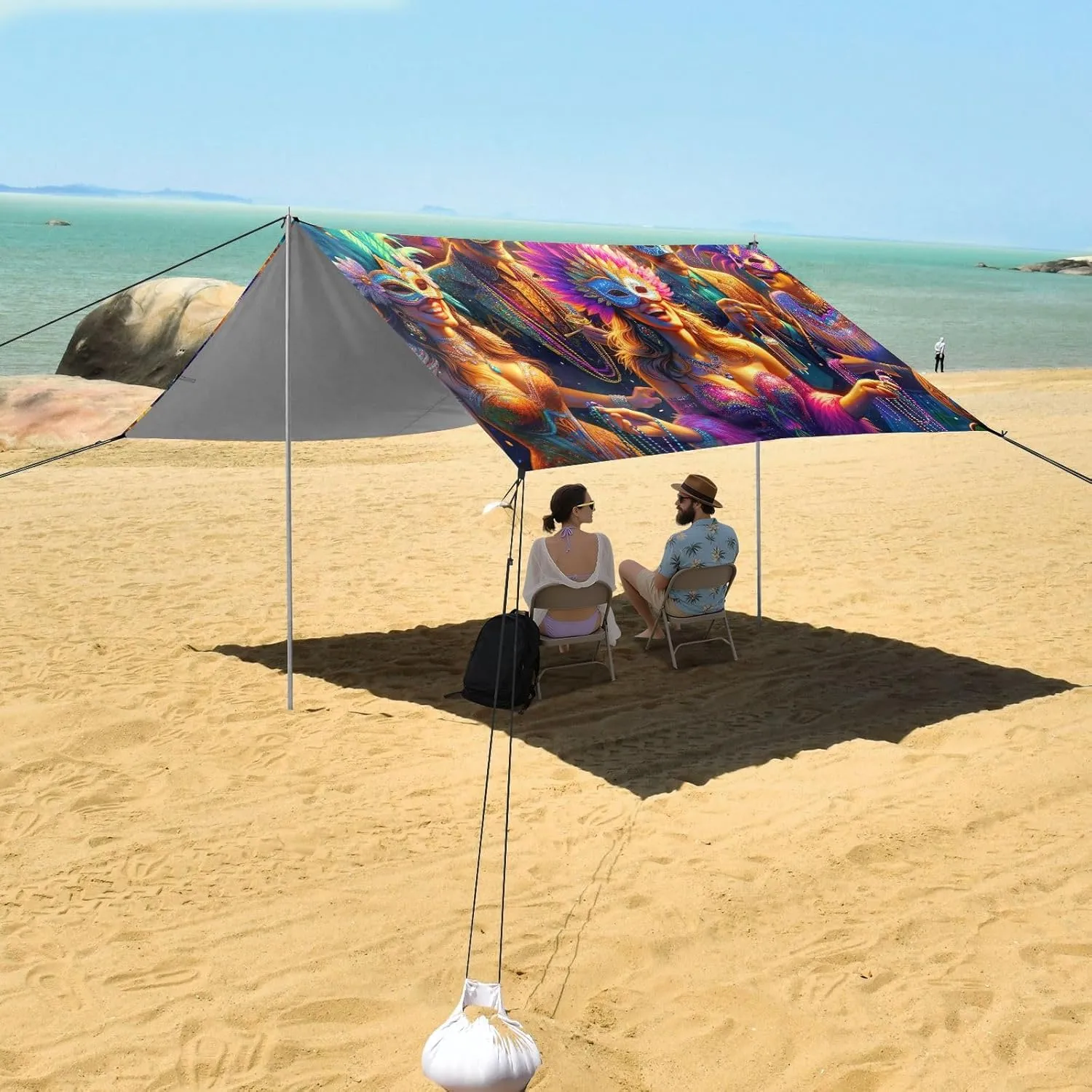 Beach Canopy Tent Sun Shade Outdoor Patio 9.2 × 10.5 FT Mardi Gras Carnival Festival Camping Shelter Backyard Shades Windproof with Sandbags Anchor