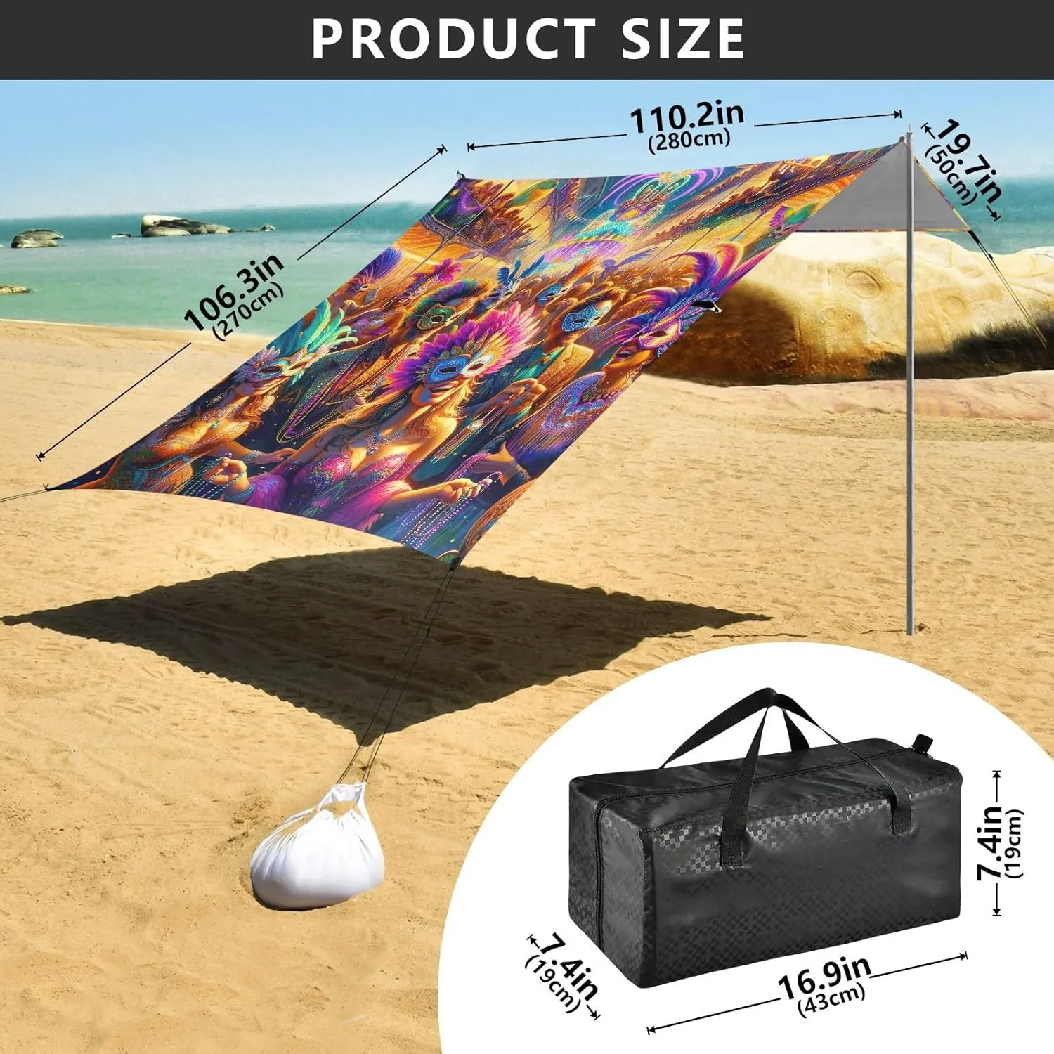 Beach Canopy Tent Sun Shade Outdoor Patio 9.2 × 10.5 FT Mardi Gras Carnival Festival Camping Shelter Backyard Shades Windproof with Sandbags Anchor