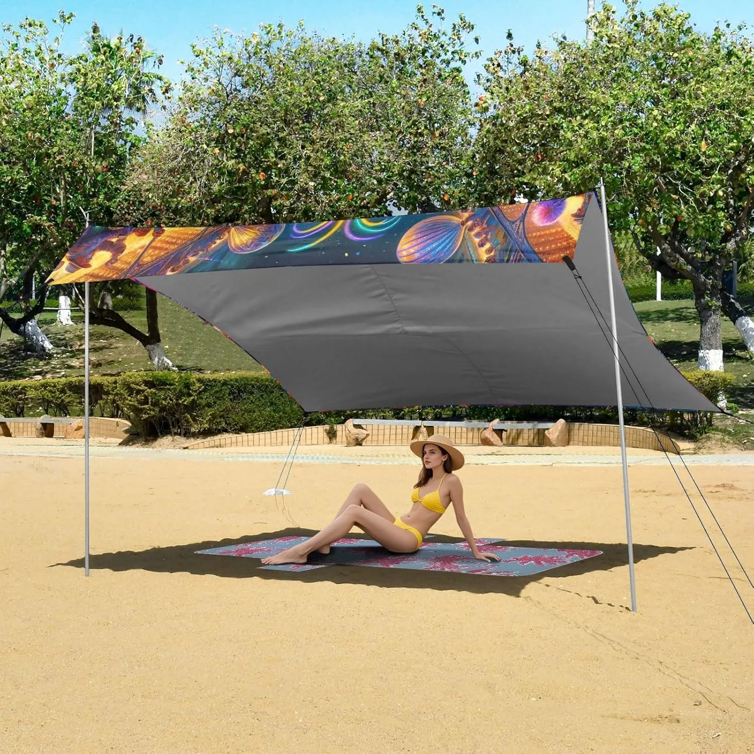 Beach Canopy Tent Sun Shade Outdoor Patio 9.2 × 10.5 FT Mardi Gras Carnival Festival Camping Shelter Backyard Shades Windproof with Sandbags Anchor