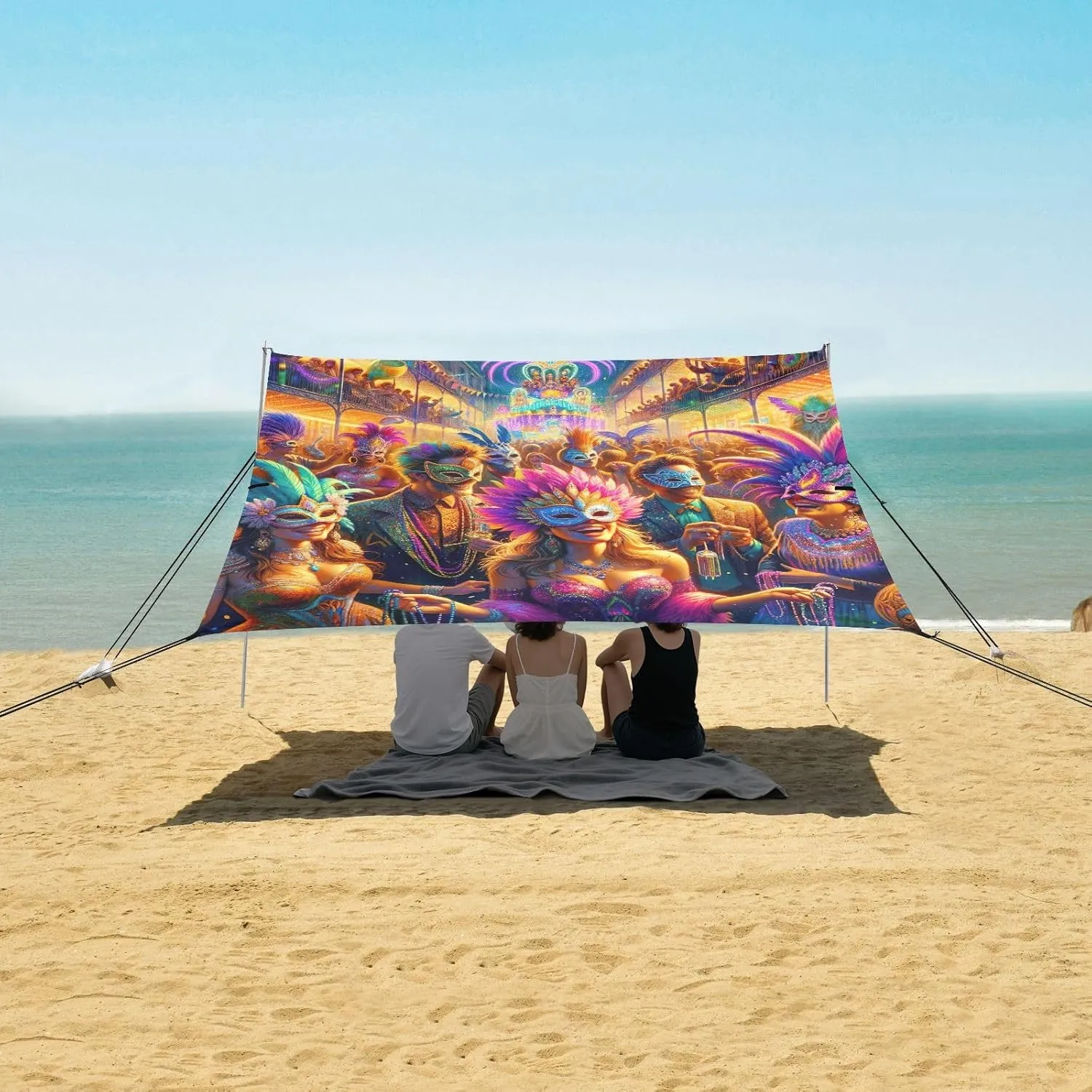 Beach Canopy Tent Sun Shade Outdoor Patio 9.2 × 10.5 FT Mardi Gras Carnival Festival Camping Shelter Backyard Shades Windproof with Sandbags Anchor