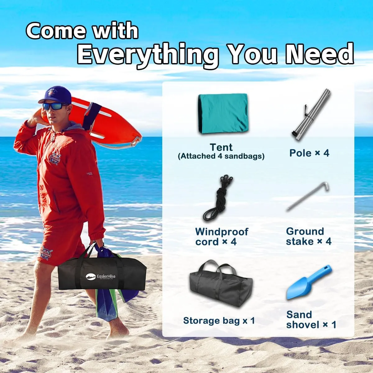 Beach Shade Tent, Portable Easy Pop Up Beach Canopy, UPF50  Sun Protection Shelter, Windproof & Water Resistant, Perfect for Family