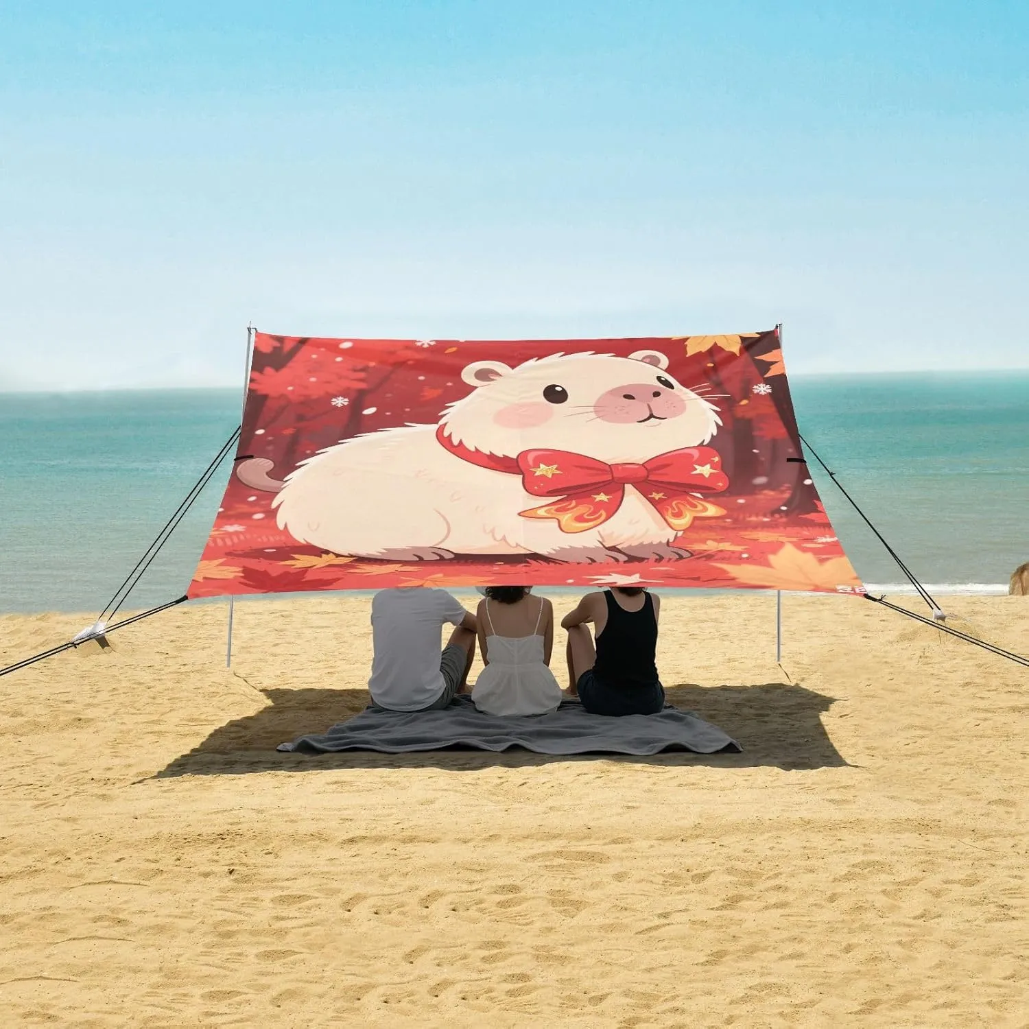 Beach Shade Tent with UPF50  UV Protection,Capybara Red Maple Leaves Lightweight Camping Sun Shelter for Outdoor,Camping Trips, Fishing, Backyard,Picnics,Easy Set Up and Carry 9x10.5 FT
