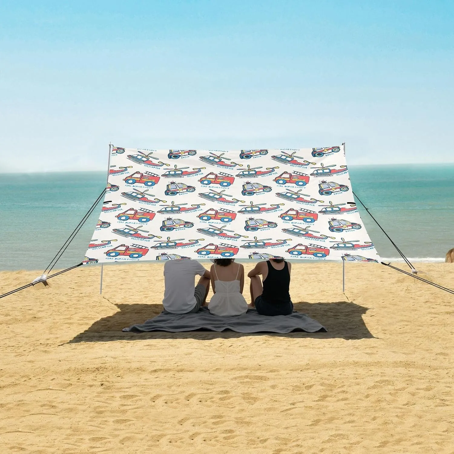 Beach Shade Tent with UPF50  UV Protection,Cute Police Car Fireman Vehicles Lightweight Camping Sun Shelter for Outdoor,Camping Trips, Fishing, Backyard,Picnics,Easy Set Up and Carry 9x10.5 FT