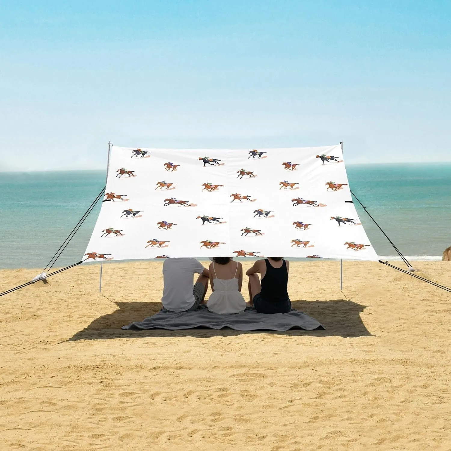 Beach Shade Tent with UPF50  UV Protection,Jockeys on Running Racing Horses Lightweight Camping Sun Shelter for Outdoor,Camping Trips, Fishing, Backyard,Picnics,Easy Set Up and Carry 9x10.5 FT