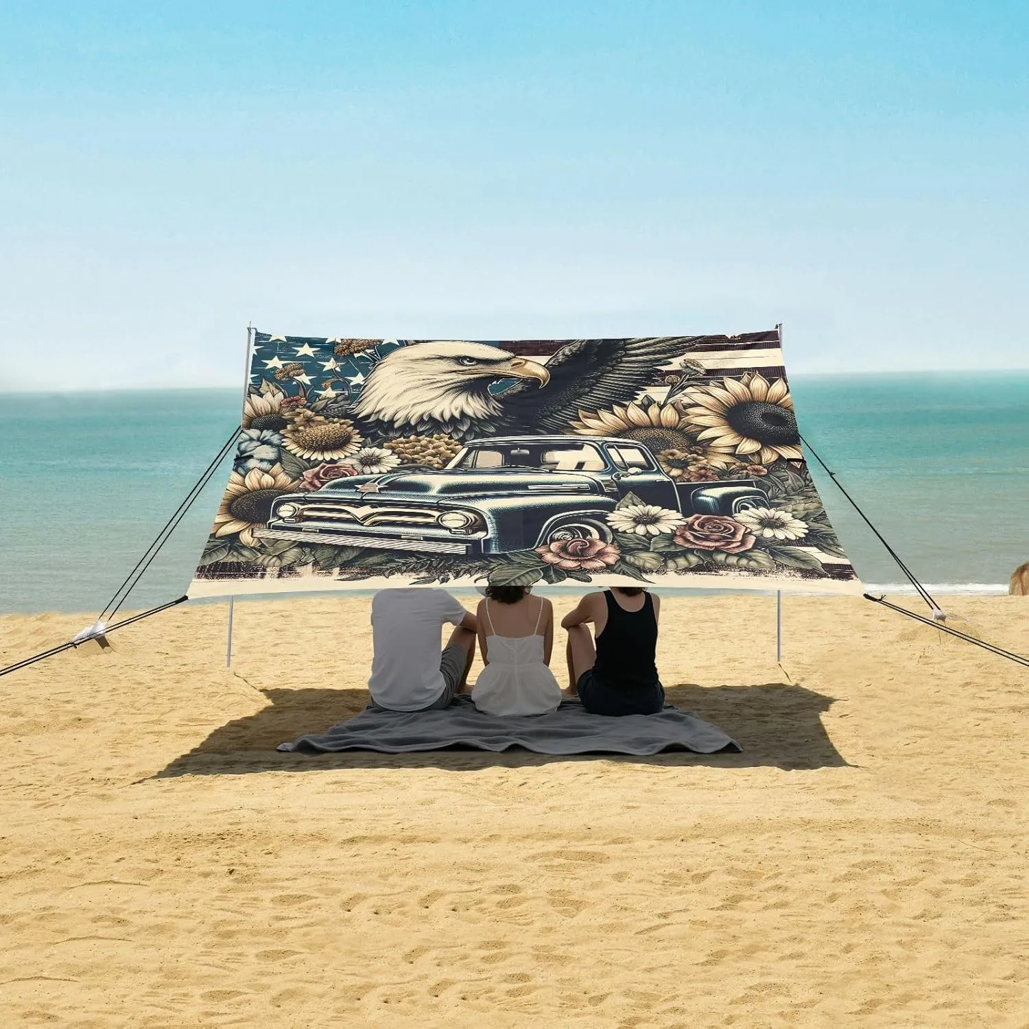 Beach Shade Tent with UPF50  UV Protection,Vintage Flag with Eagle Lightweight Camping Sun Shelter for Outdoor,Camping Trips, Fishing, Backyard,Picnics,Easy Set Up and Carry 9x10.5 FT