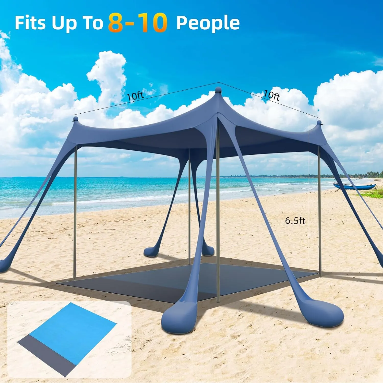 Beach Tent, Camping Sun Shelter with Mat, 2 Sand Shovels, 8 Sandbags, Ground Pegs & Stability Poles, UPF50  Outdoor Shade Canopy for Camping, Fishing or Picnics (Navy Blue)
