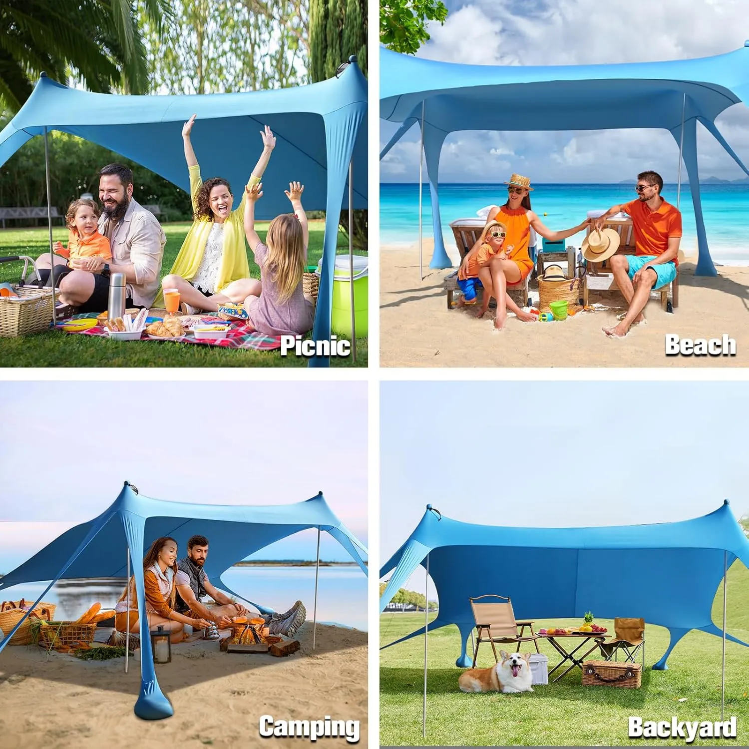 Beach Tent Camping Sun Shelter with UPF50 ,8 Sandbags,2 Sand Shovels & 4 Stability Poles Beach Tent,Outdoor Shade Beach Canopy for Camping Trips,Fishing, Backyard Fun or Picnics