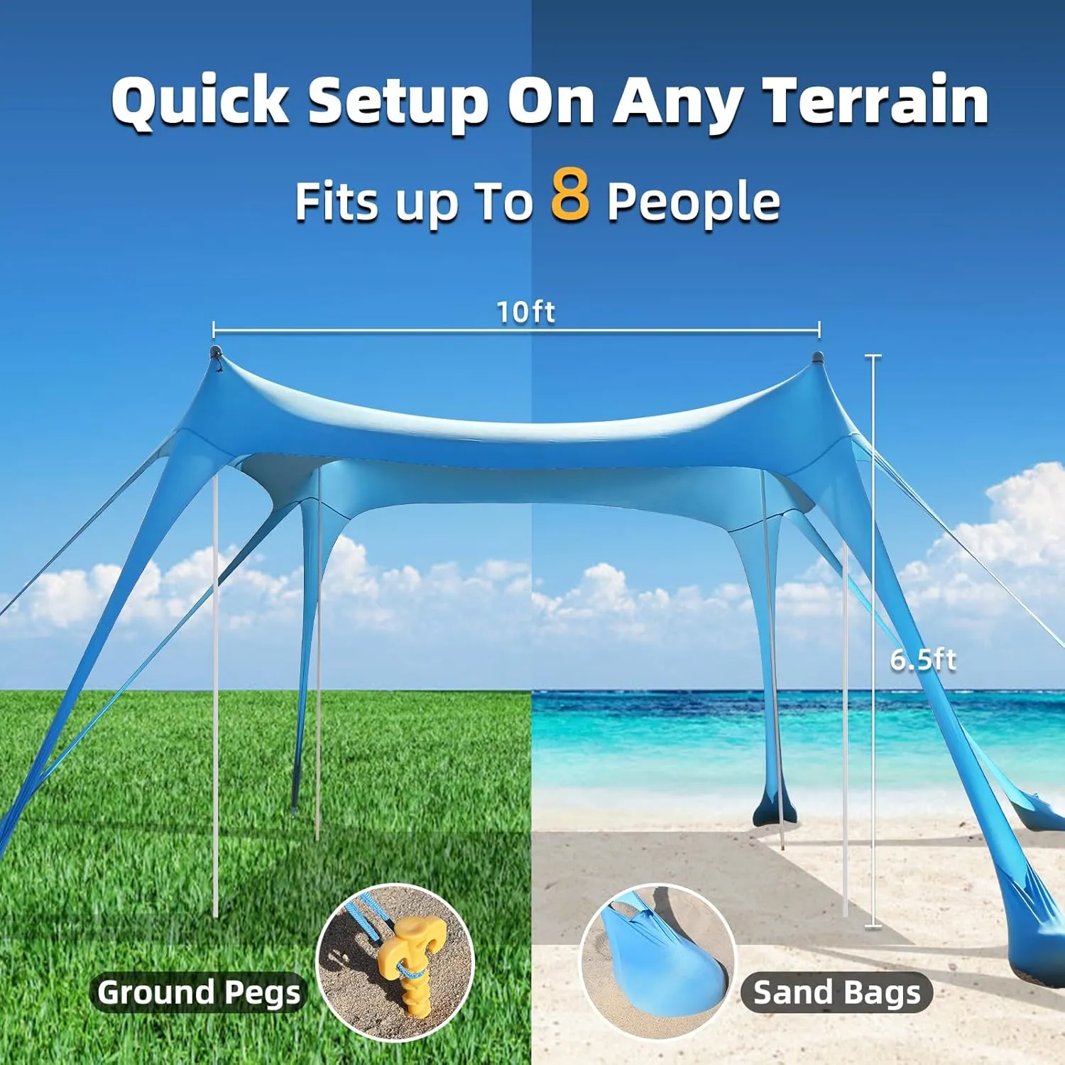 Beach Tent Camping Sun Shelter with UPF50 ,8 Sandbags,2 Sand Shovels & 4 Stability Poles Beach Tent,Outdoor Shade Beach Canopy for Camping Trips,Fishing, Backyard Fun or Picnics