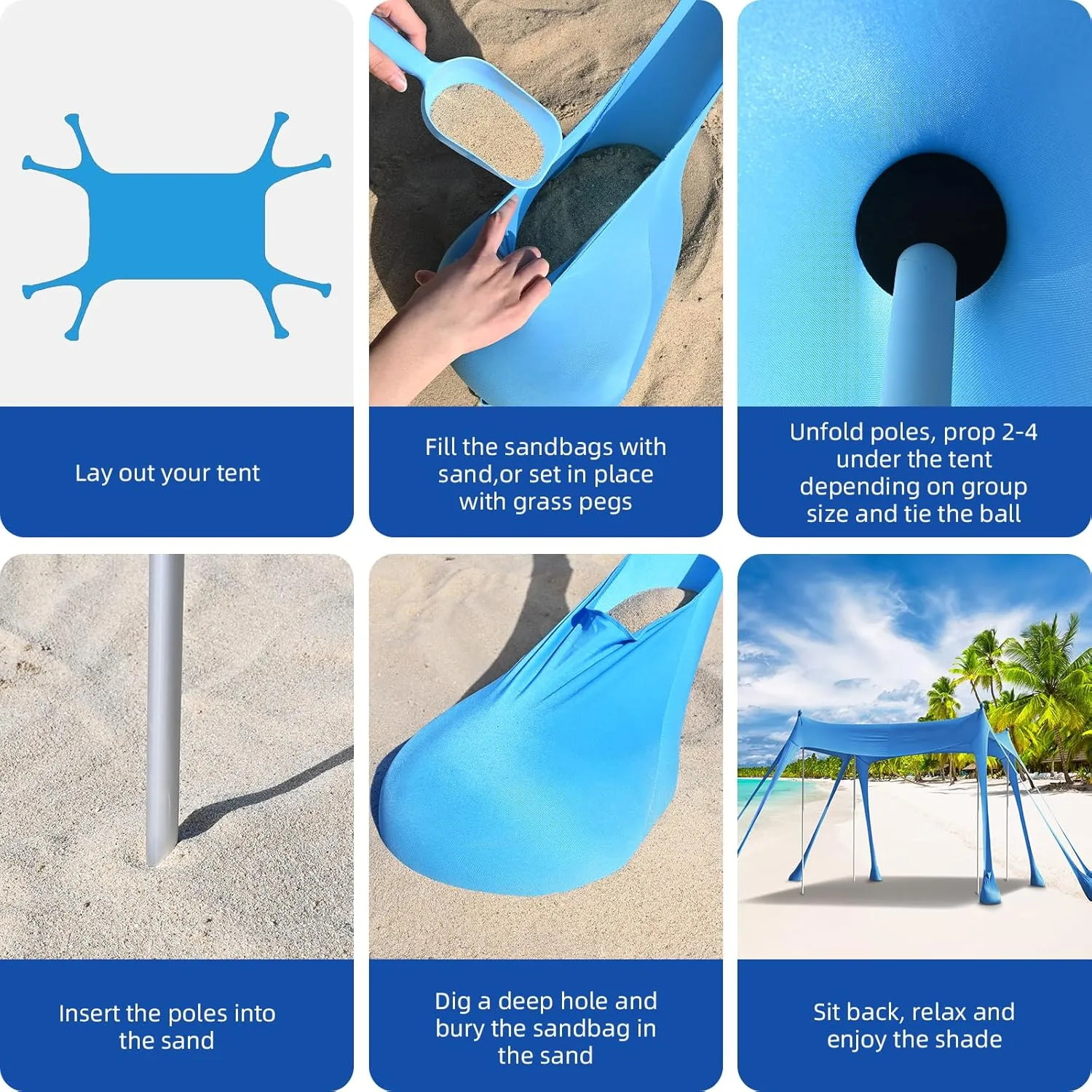 Beach Tent Camping Sun Shelter with UPF50 ,8 Sandbags,2 Sand Shovels & 4 Stability Poles Beach Tent,Outdoor Shade Beach Canopy for Camping Trips,Fishing, Backyard Fun or Picnics