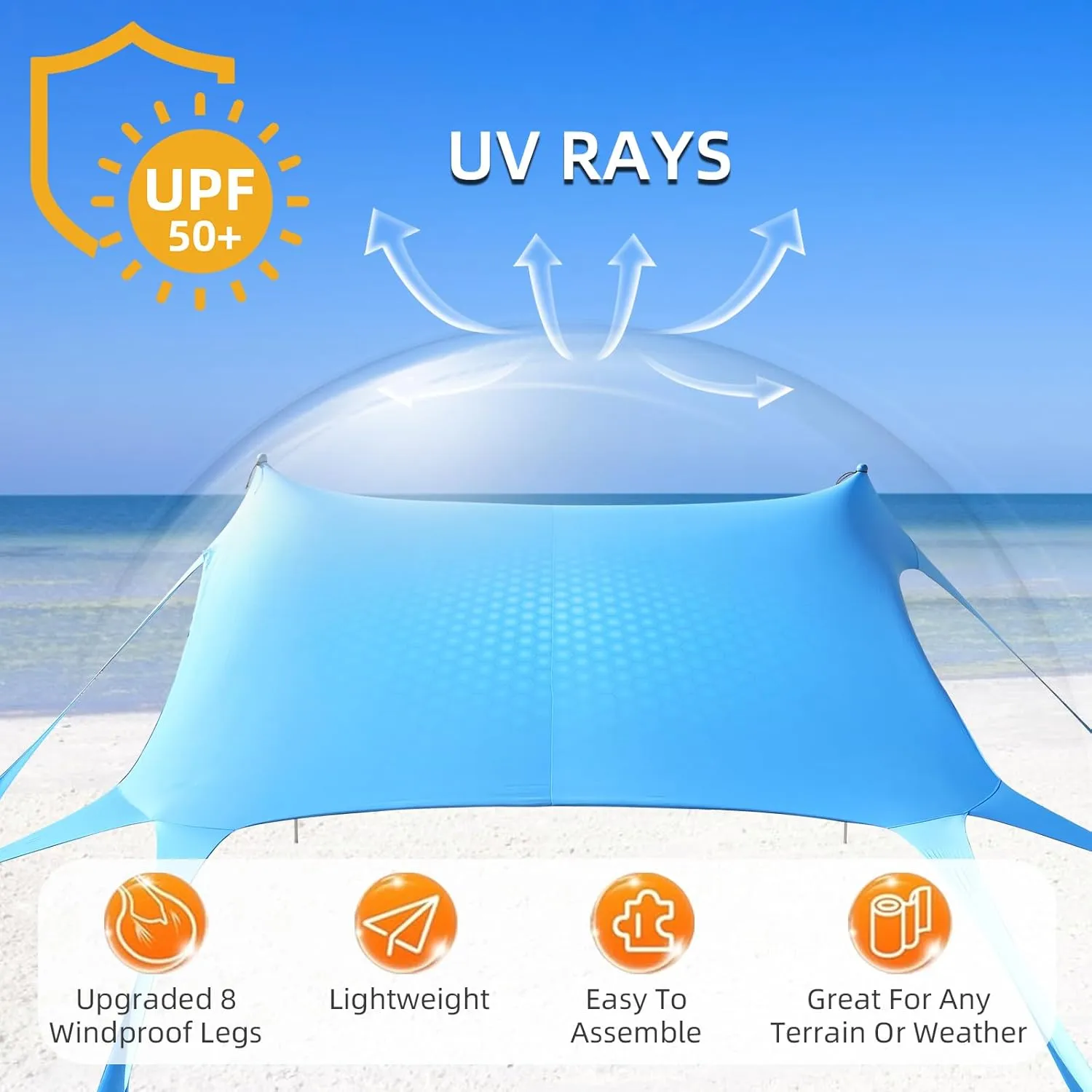 Beach Tent Camping Sun Shelter with UPF50 ,8 Sandbags,2 Sand Shovels & 4 Stability Poles Beach Tent,Outdoor Shade Beach Canopy for Camping Trips,Fishing, Backyard Fun or Picnics
