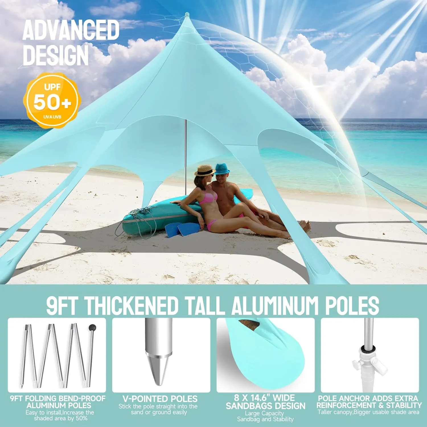 Beach Tent Canopy Pop Up Shade Sun Shelter 10x10ft Portable Family Sunshade UPF50  with 8 Sandbags-2 Sand Shovel-Easy Foldable Pole-Pole Anchor-Ground Pegs-Carrying Bag for Outdoor Camping