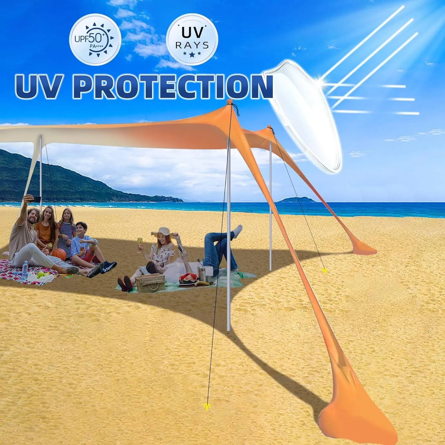 Beach Tent - Family Beach Canopy Sun Shade, Pop Up Grande Beach Tent with 4 Stability Poles, UPF 50  Sun Protection, Water-Resistant, Portable Carry Bag, 10'x10' Large Size