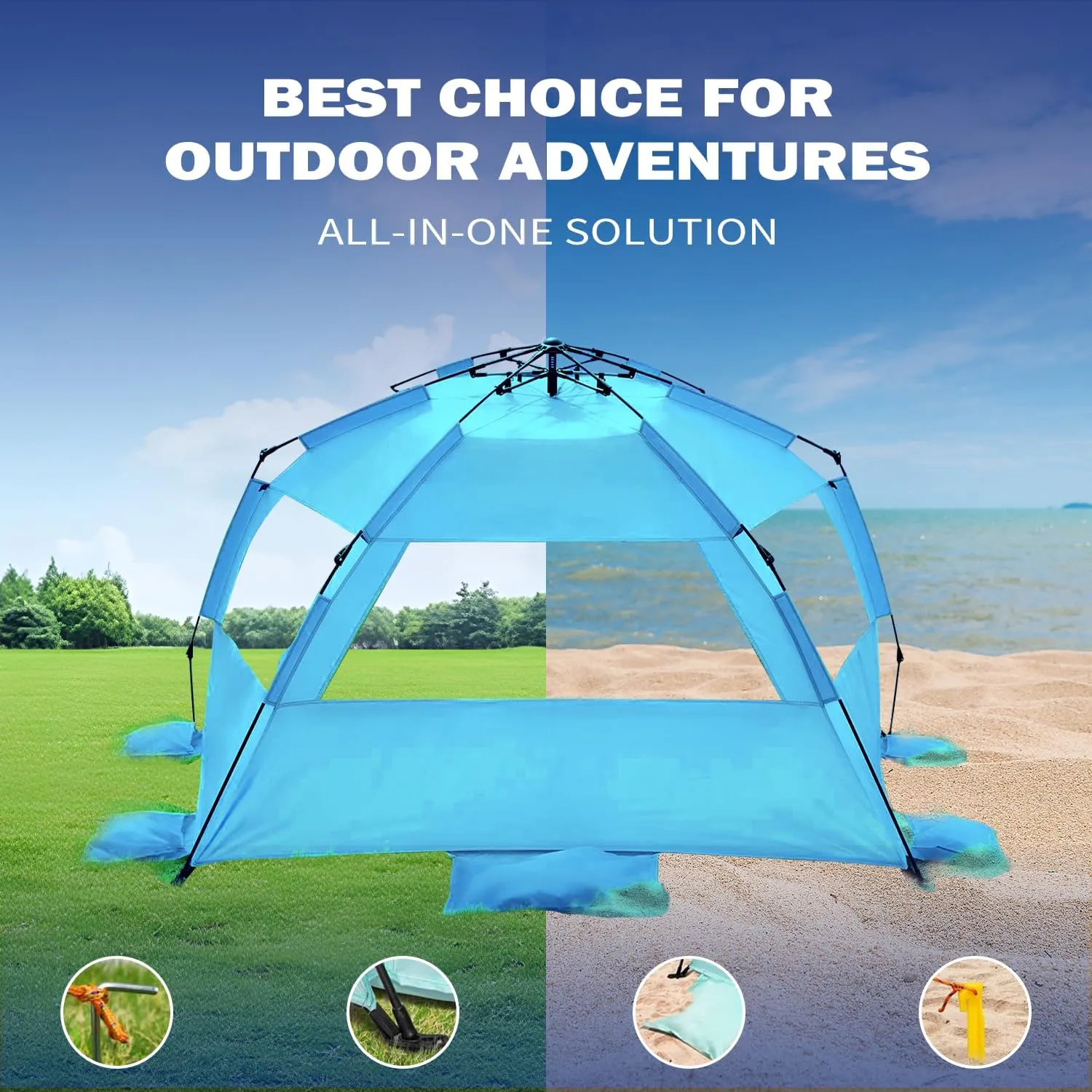 Beach Tent for 3-4 People, Pop-Up Beach Tent Automatic Setup, UV Protection, Extendable Floor, Ventilating Windows, Portable Outdoor Sun Shelter, Blue