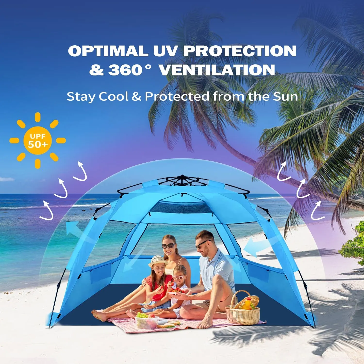 Beach Tent for 3-4 People, Pop-Up Beach Tent Automatic Setup, UV Protection, Extendable Floor, Ventilating Windows, Portable Outdoor Sun Shelter, Blue