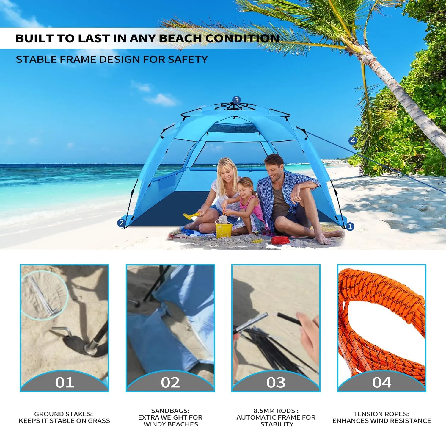 Beach Tent for 3-4 People, Pop-Up Beach Tent Automatic Setup, UV Protection, Extendable Floor, Ventilating Windows, Portable Outdoor Sun Shelter, Blue