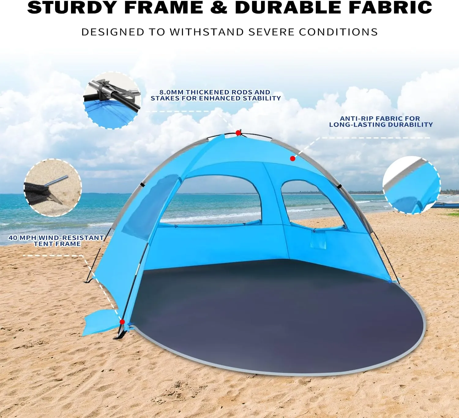 Beach Tent for 3-4 People, UPF50  Sun Shelter with Breathable 3-Way Ventilation, 8.0mm Reinforced Fiberglass Poles, Portable Shade Canopy for Beach & Camping (Blue)