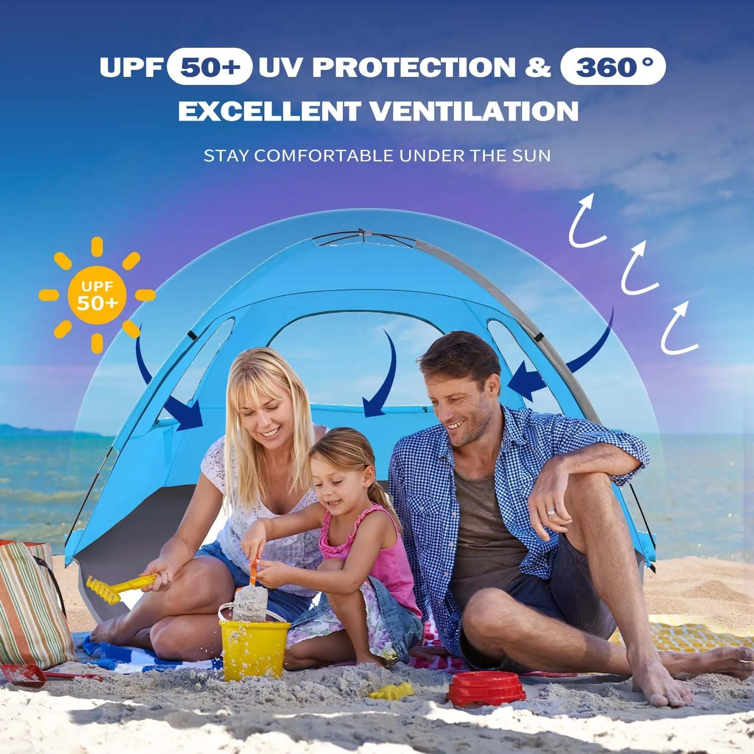 Beach Tent for 3-4 People, UPF50  Sun Shelter with Breathable 3-Way Ventilation, 8.0mm Reinforced Fiberglass Poles, Portable Shade Canopy for Beach & Camping (Blue)