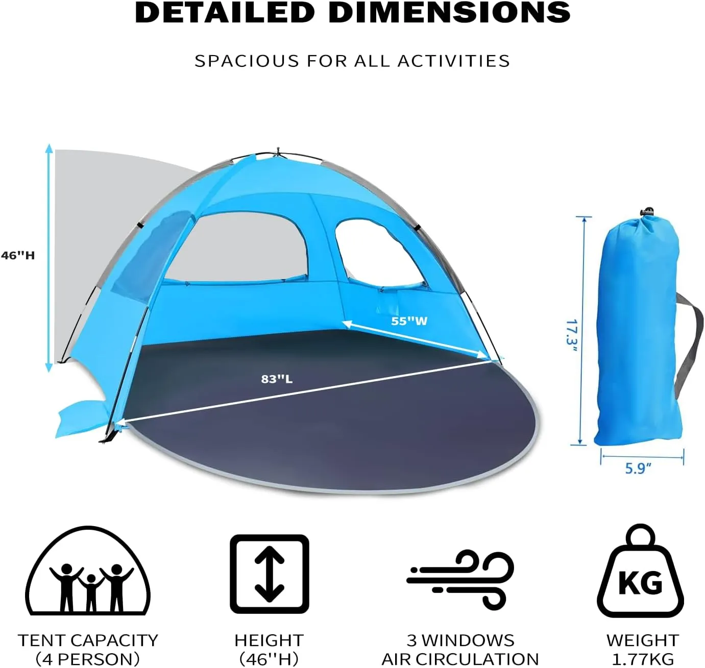 Beach Tent for 3-4 People, UPF50  Sun Shelter with Breathable 3-Way Ventilation, 8.0mm Reinforced Fiberglass Poles, Portable Shade Canopy for Beach & Camping (Blue)