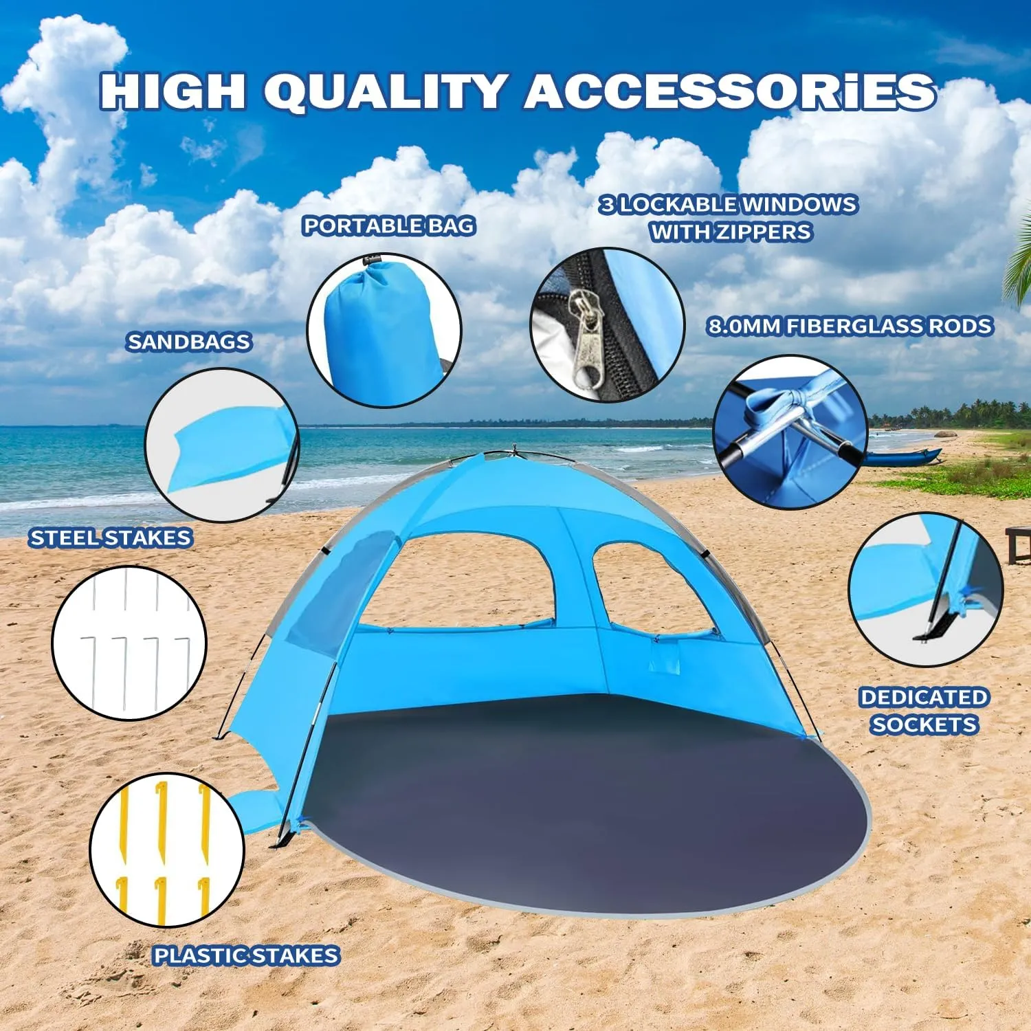 Beach Tent for 3-4 People, UPF50  Sun Shelter with Breathable 3-Way Ventilation, 8.0mm Reinforced Fiberglass Poles, Portable Shade Canopy for Beach & Camping (Blue)