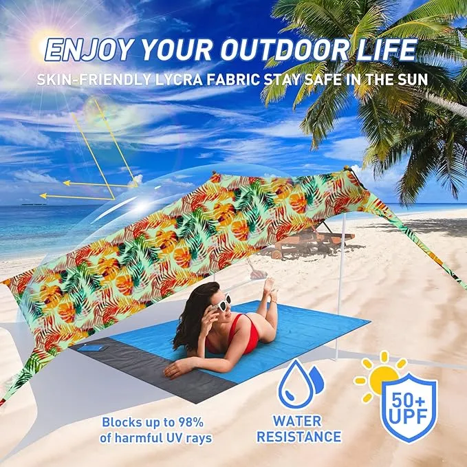 Beach Tent Pop Up Sun Shade Canopy Sun Shelter UPF50  with 4 Stability Poles/Carry Bag/Ground Pegs/Sand Shovel/Windproof Ropes Portable Outdoor Family Sunshade for Beach Camping Fishing Picnic