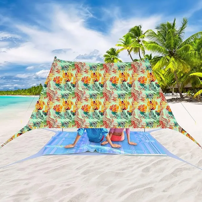 Beach Tent Pop Up Sun Shade Canopy Sun Shelter UPF50  with 4 Stability Poles/Carry Bag/Ground Pegs/Sand Shovel/Windproof Ropes Portable Outdoor Family Sunshade for Beach Camping Fishing Picnic