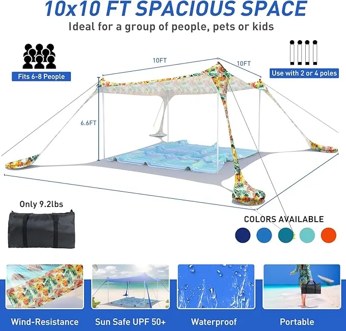 Beach Tent Pop Up Sun Shade Canopy Sun Shelter UPF50  with 4 Stability Poles/Carry Bag/Ground Pegs/Sand Shovel/Windproof Ropes Portable Outdoor Family Sunshade for Beach Camping Fishing Picnic