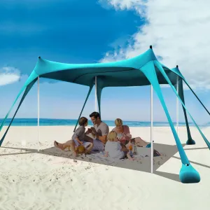 Beach Tent Sun Shelter, 10 x 10 FT Beach Canopy Tent Sun Shade Heavy Duty, UPF50  Beach Tent Canopy with 8 Sandbags & 4 Stability Poles, Outdoor Beach Shade Canopy for Camping and Fishing, Turquoise