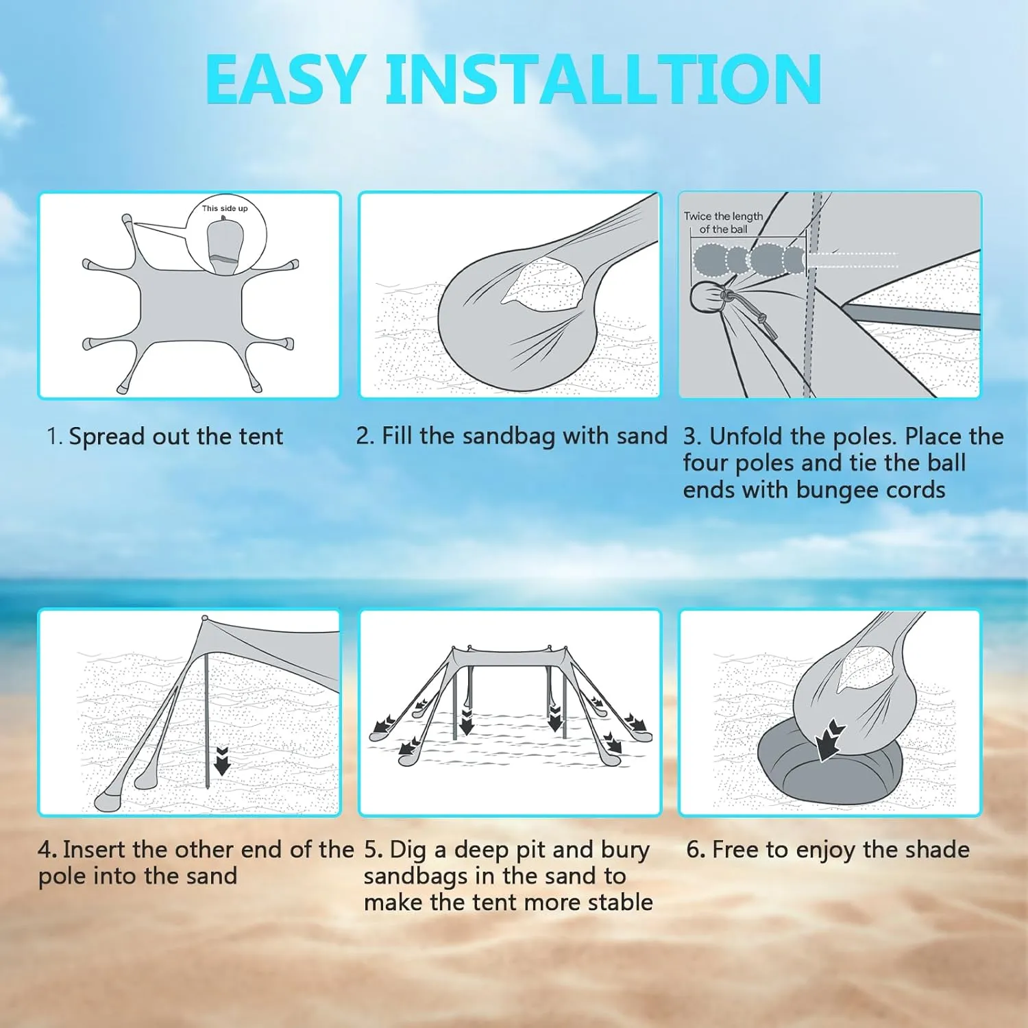Beach Tent Sun Shelter, 10 x 10 FT Beach Canopy Tent Sun Shade Heavy Duty, UPF50  Beach Tent Canopy with 8 Sandbags & 4 Stability Poles, Outdoor Beach Shade Canopy for Camping and Fishing, Turquoise