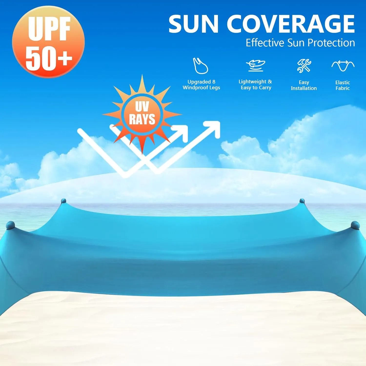 Beach Tent Sun Shelter, 10 x 10 FT Beach Canopy Tent Sun Shade Heavy Duty, UPF50  Beach Tent Canopy with 8 Sandbags & 4 Stability Poles, Outdoor Beach Shade Canopy for Camping and Fishing, Turquoise