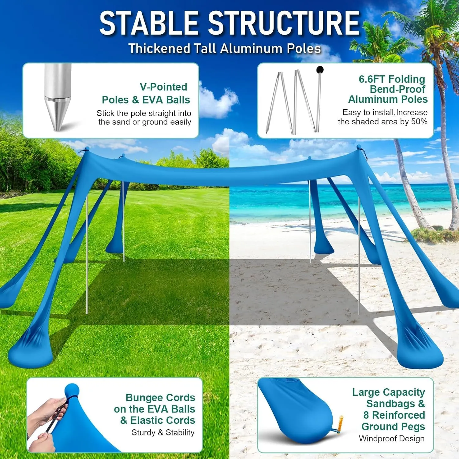 Beach Tent Sun Shelter Beach Canopy Tent Sun Shade Pop Up 10x10 UPF50  with 8 Sandbags-2 Sand Shovel-Portable 4 Aluminum Poles-Ground Pegs-Easy Setup for Outdoor Family Camping Fishing Picnic