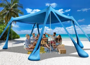 Beach Tent Sun Shelter Beach Canopy Tent Sun Shade Pop Up 10x10 UPF50  with 8 Sandbags-2 Sand Shovel-Portable 4 Aluminum Poles-Ground Pegs-Easy Setup for Outdoor Family Camping Fishing Picnic