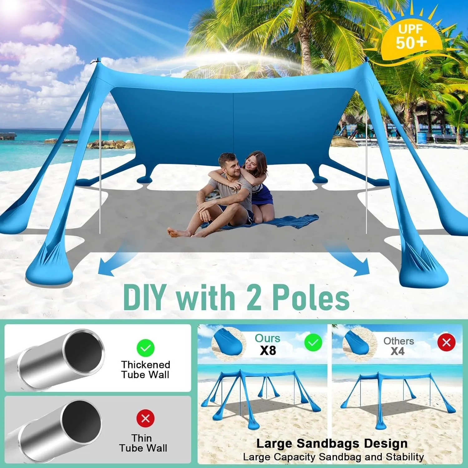 Beach Tent Sun Shelter Beach Canopy Tent Sun Shade Pop Up 10x10 UPF50  with 8 Sandbags-2 Sand Shovel-Portable 4 Aluminum Poles-Ground Pegs-Easy Setup for Outdoor Family Camping Fishing Picnic