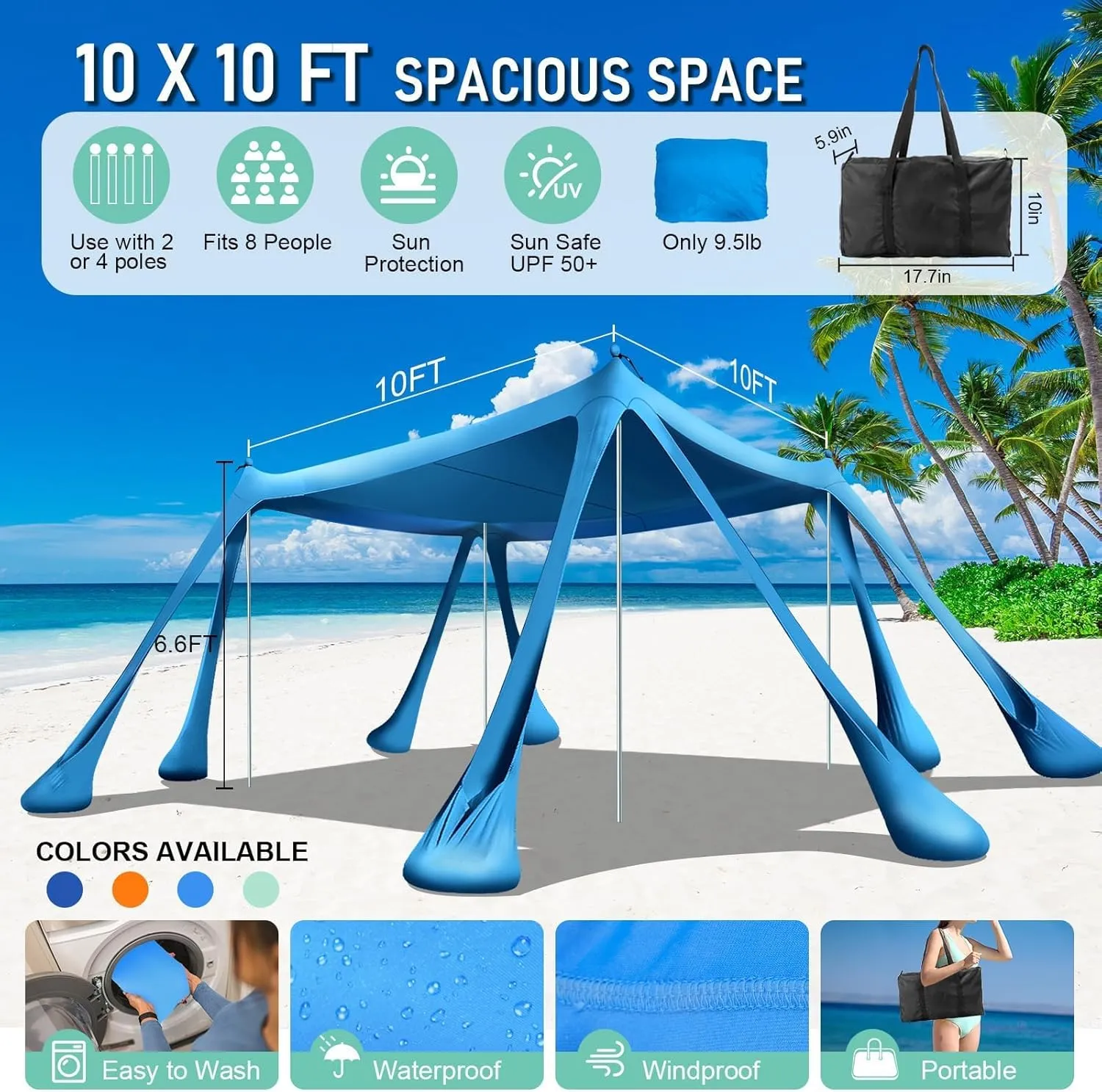 Beach Tent Sun Shelter Beach Canopy Tent Sun Shade Pop Up 10x10 UPF50  with 8 Sandbags-2 Sand Shovel-Portable 4 Aluminum Poles-Ground Pegs-Easy Setup for Outdoor Family Camping Fishing Picnic