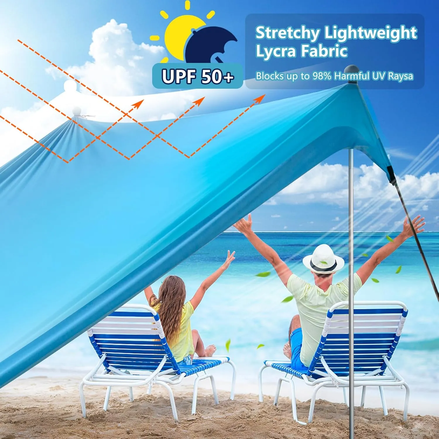 Beach Tent Sun Shelter Sunshade 10x10ft, UPF50  Beach Canopy Tent Sun Shade for 6 People, with 4 Sandbags & 2 Stability Poles, Portable Pop Up Tent for Camping, Fishing, Picnics (Blue)