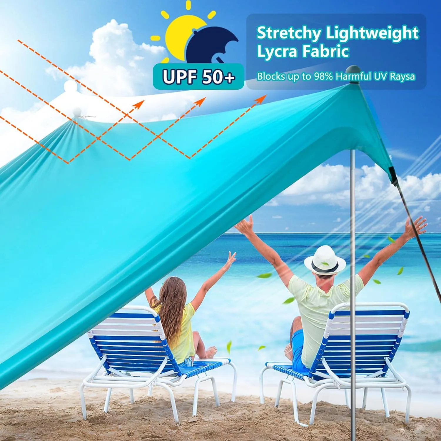 Beach Tent Sun Shelter Sunshade 10x10ft, UPF50  Beach Canopy Tent Sun Shade for 8 People, with 4 Sandbags & 2 Stability Poles, Portable Pop Up Tent for Camping, Fishing, Picnics (Turquoise)