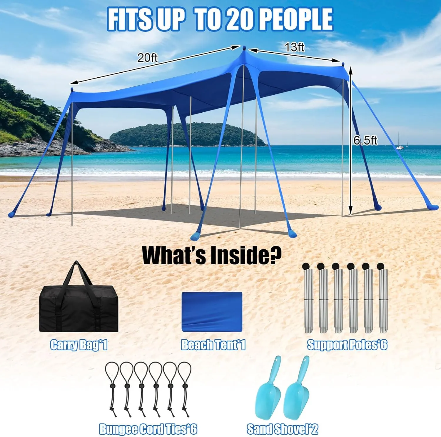 Beach Tent Sun Shelter UPF 50  Beach Shade Canopy Pop up Tent Portable Cabana Outdoor with Aluminum Poles Sandbags Sand Shovel for Camping Fishing Trip Picnic Party