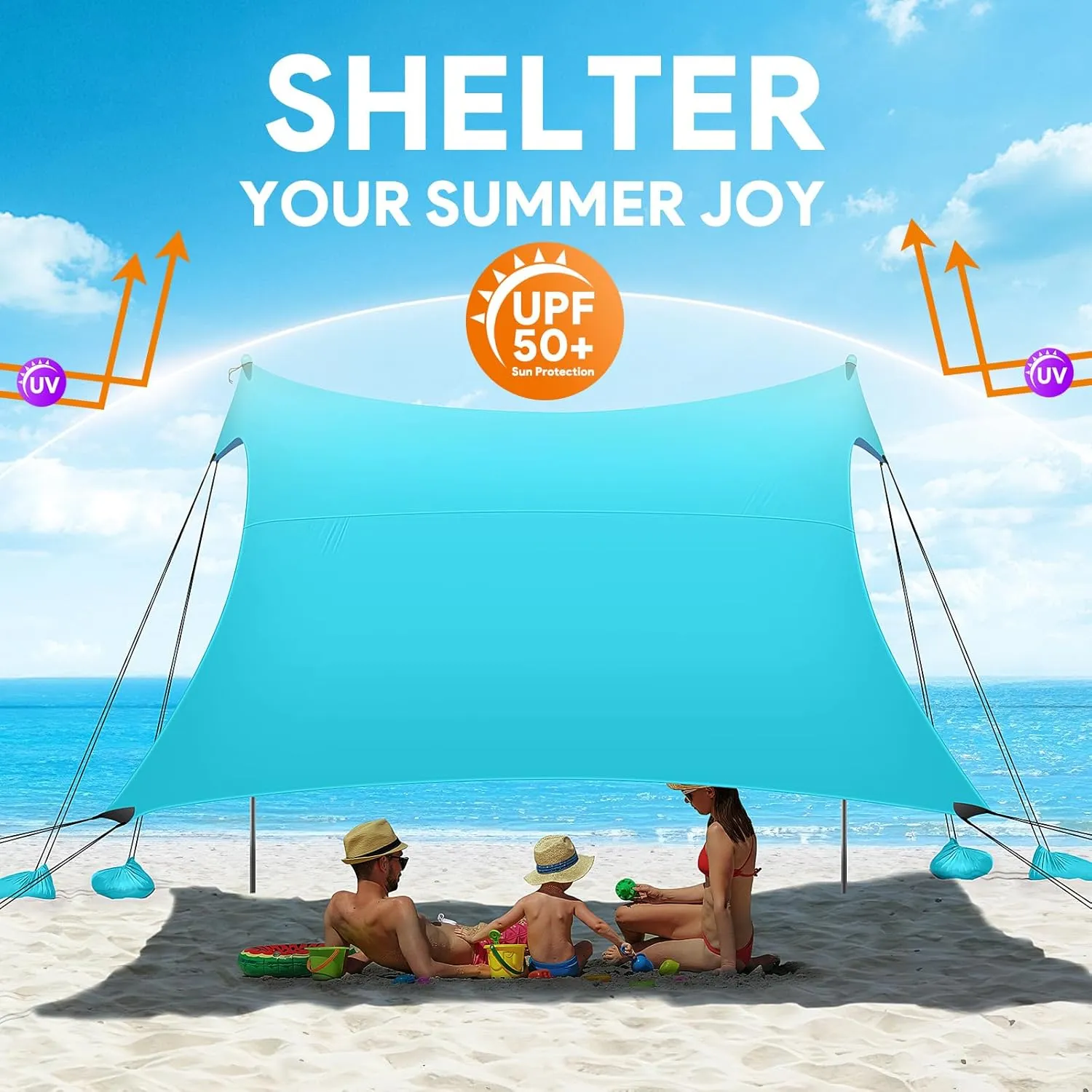 Beach Tent Sun Shelter, UPF50  Beach Tent Canopy with 8 Sandbags & 4 Stability Poles, 10 x 10 FT Beach Canopy Tent Sun Shade, Outdoor Beach Tent for Beach Camping Fishing, Light Blue