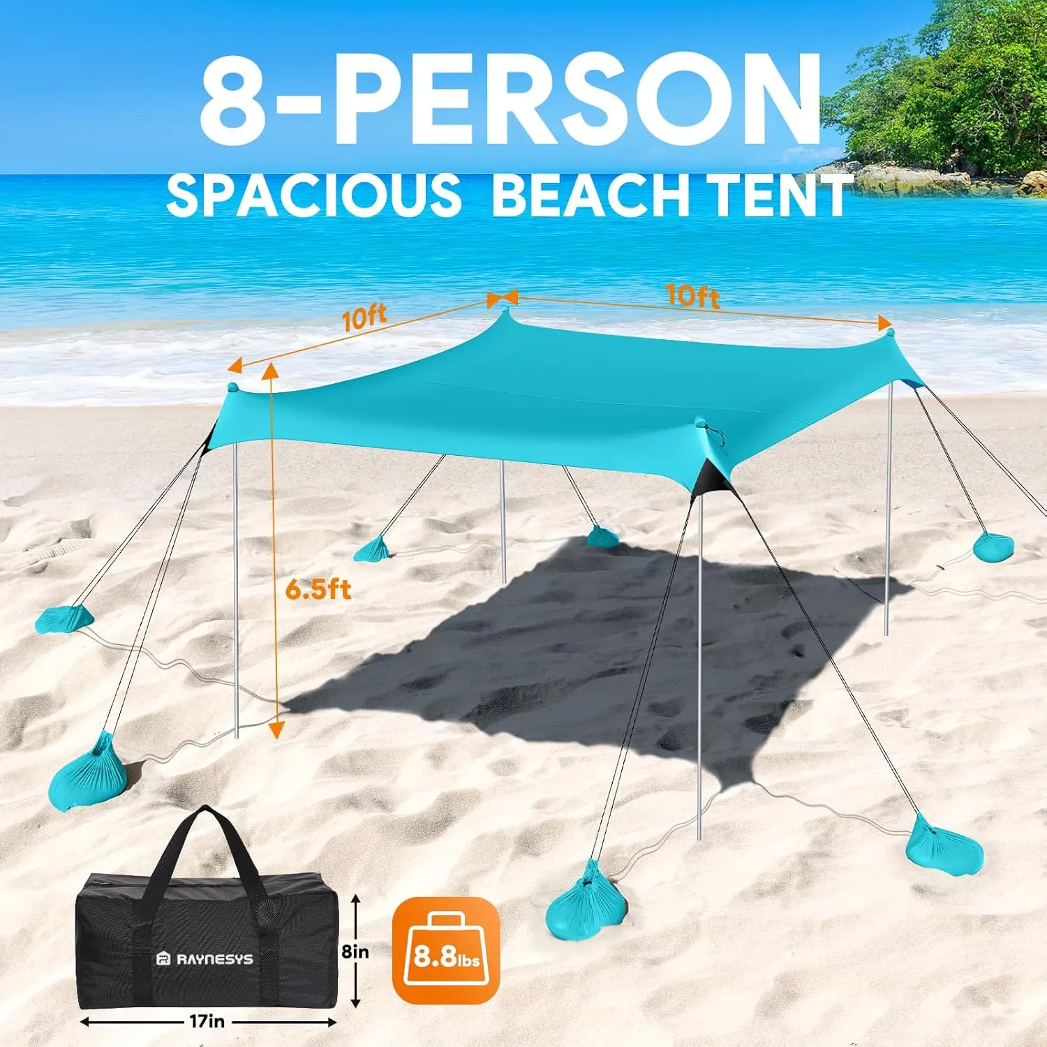 Beach Tent Sun Shelter, UPF50  Beach Tent Canopy with 8 Sandbags & 4 Stability Poles, 10 x 10 FT Beach Canopy Tent Sun Shade, Outdoor Beach Tent for Beach Camping Fishing, Light Blue