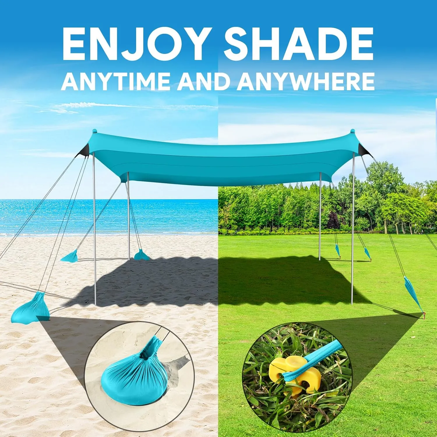 Beach Tent Sun Shelter, UPF50  Beach Tent Canopy with 8 Sandbags & 4 Stability Poles, 10 x 10 FT Beach Canopy Tent Sun Shade, Outdoor Beach Tent for Beach Camping Fishing, Light Blue