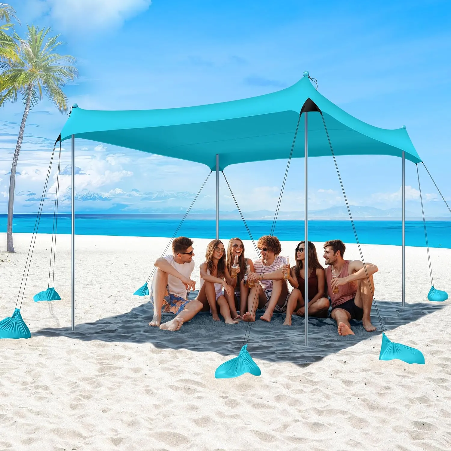 Beach Tent Sun Shelter, UPF50  Beach Tent Canopy with 8 Sandbags & 4 Stability Poles, 10 x 10 FT Beach Canopy Tent Sun Shade, Outdoor Beach Tent for Beach Camping Fishing, Light Blue
